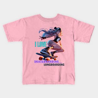 Kawaii, Anime Girl, I Love, Skateboarding & Longboarding Kids T-Shirt